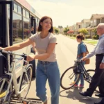 Woman loading bicycle onto bus rack on sunny suburban street in Chino Hills, California
