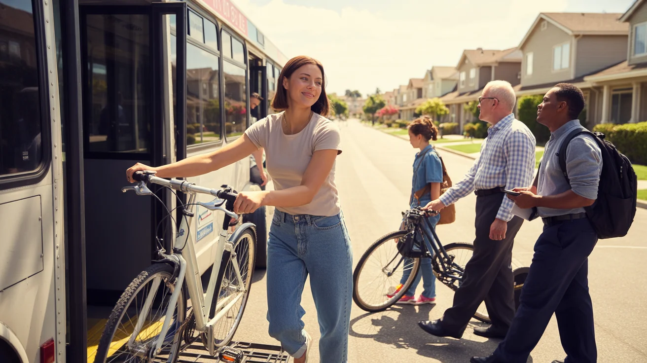 Woman loading bicycle onto bus rack on sunny suburban street in Chino Hills, California