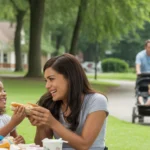 A mother and daughter share a sandwich at a picnic table in a park in Smyrna, Georgia.