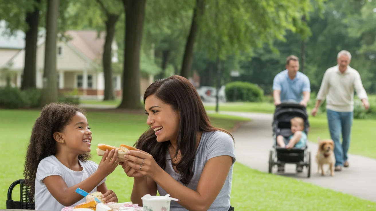 A mother and daughter share a sandwich at a picnic table in a park in Smyrna, Georgia.