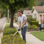 Man trimming hedges in front of suburban home in Fullerton, California