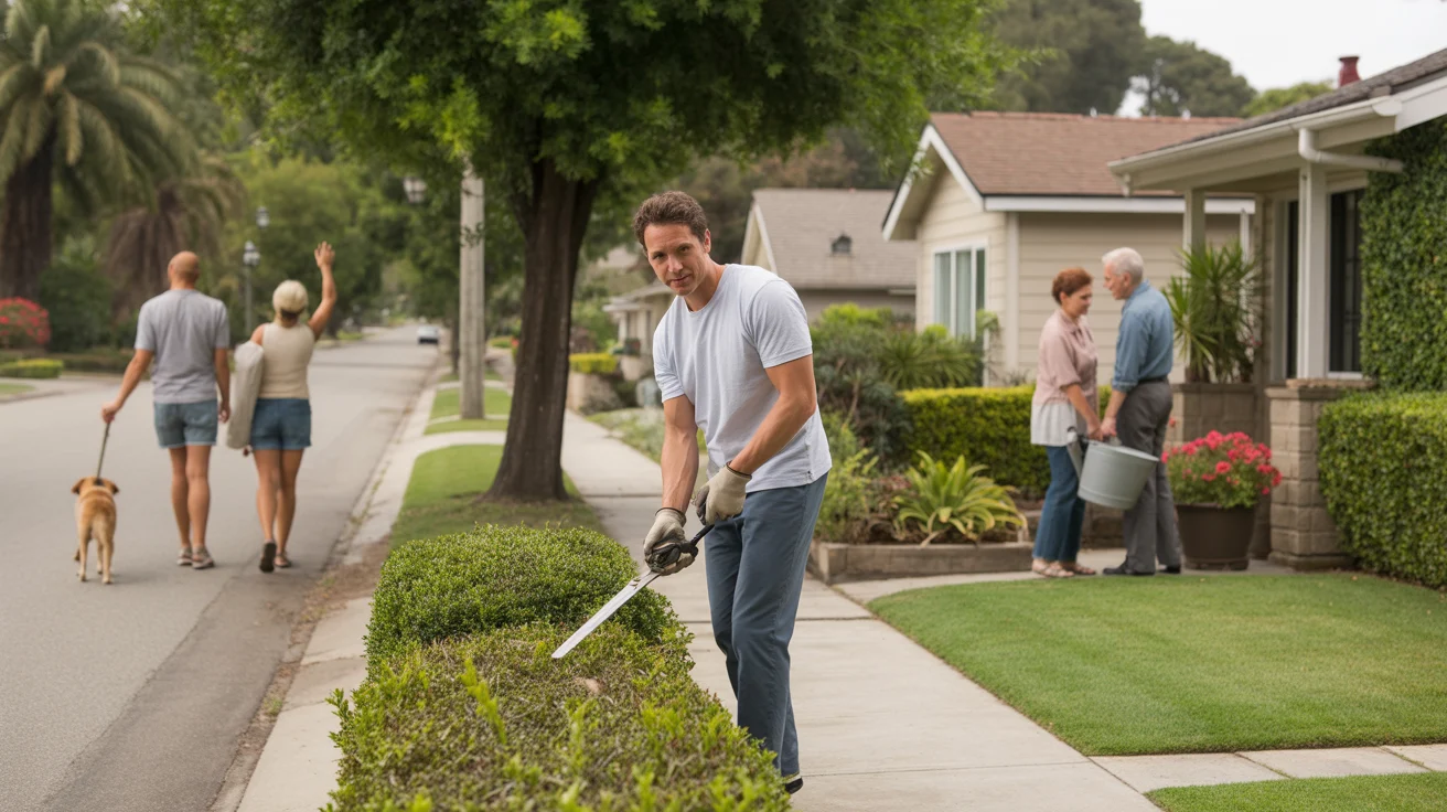 Man trimming hedges in front of suburban home in Fullerton, California