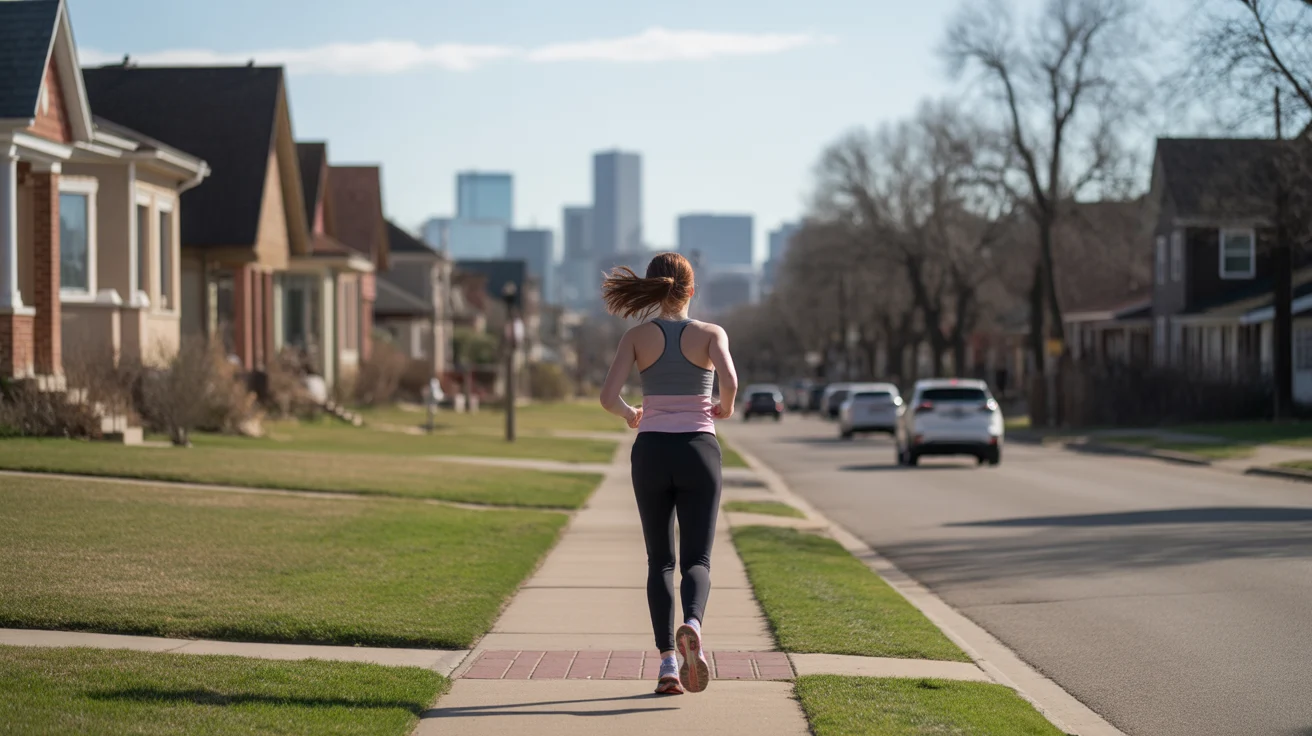 Woman jogging in Commerce City neighborhood with view of Denver skyline