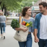 A couple walks home from the farmers market in Rock Hill, SC carrying fresh groceries