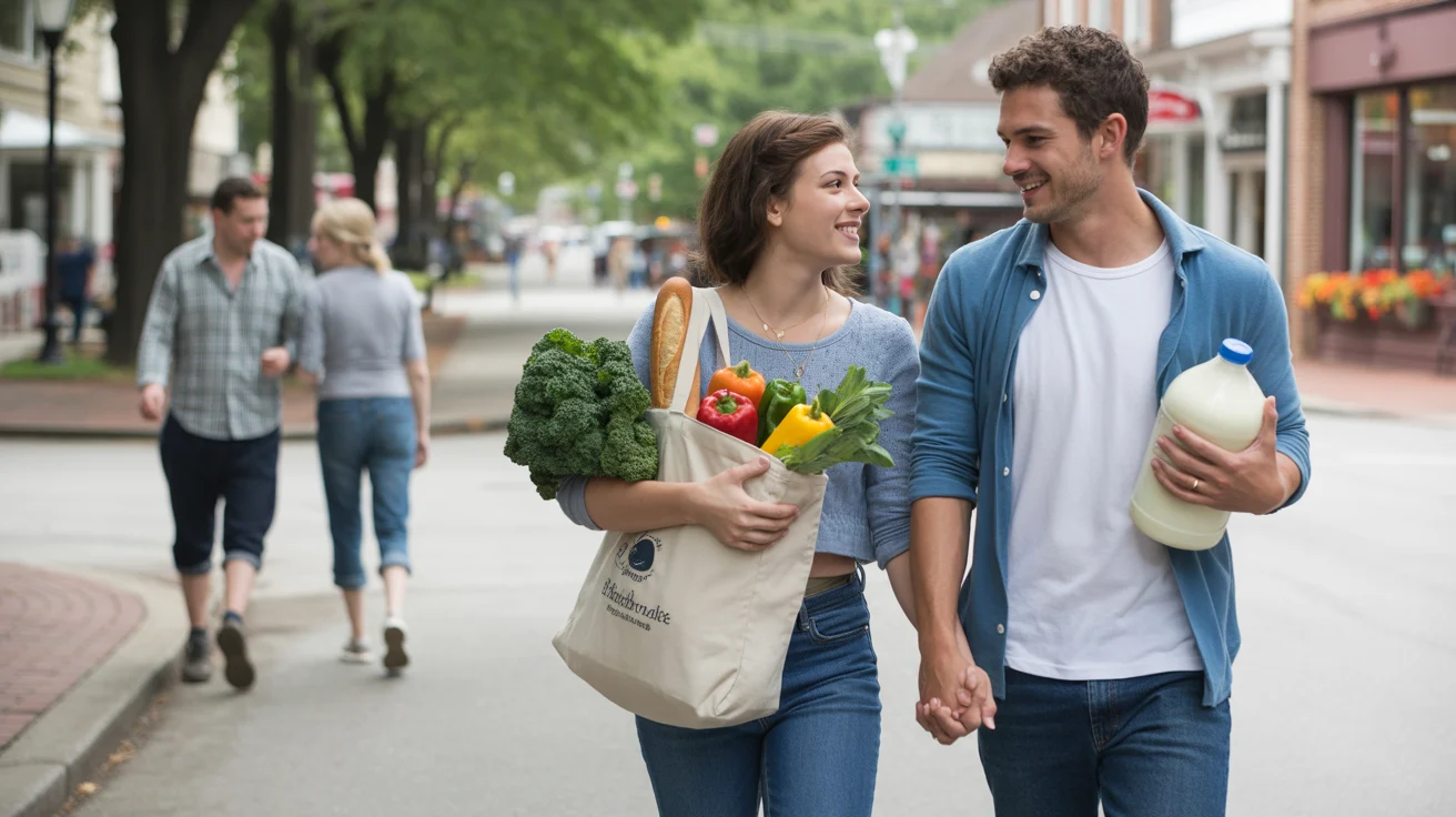 A couple walks home from the farmers market in Rock Hill, SC carrying fresh groceries