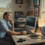 Man sitting at cluttered desk in Tampa home office, looking at new smart speaker