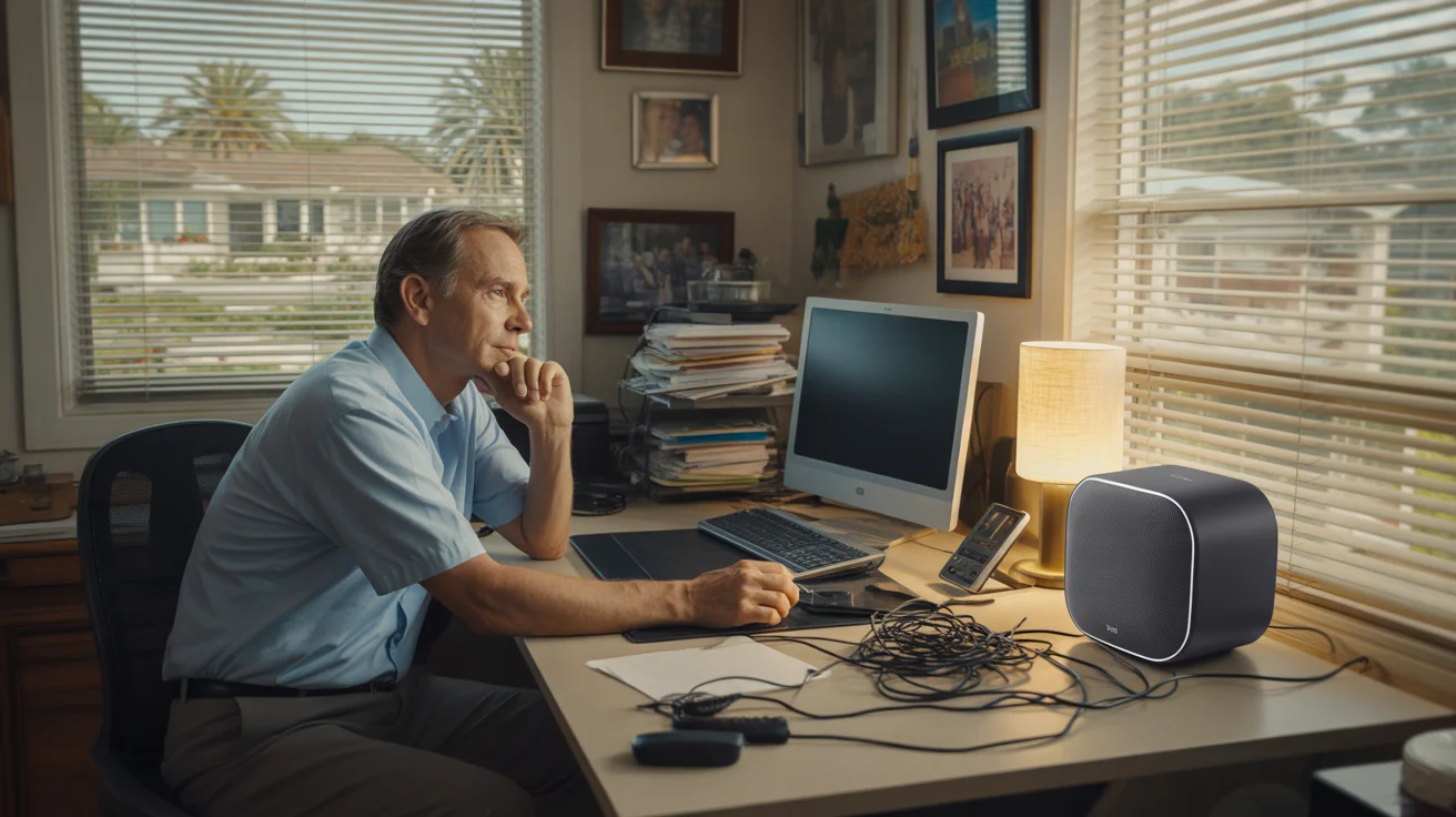 Man sitting at cluttered desk in Tampa home office, looking at new smart speaker