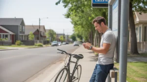 Man waiting at suburban bus stop in West Jordan, Utah with bicycle parked nearby