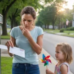 Woman paying utility bill at outdoor kiosk in Gastonia, NC with daughter waiting beside her