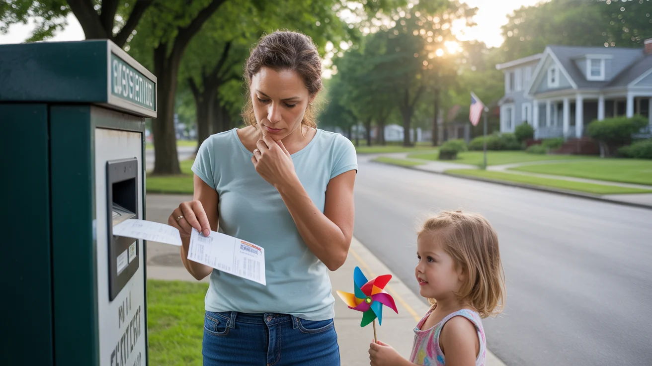 Woman paying utility bill at outdoor kiosk in Gastonia, NC with daughter waiting beside her