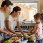 A young family cooks dinner together in their kitchen in Ontario, CA