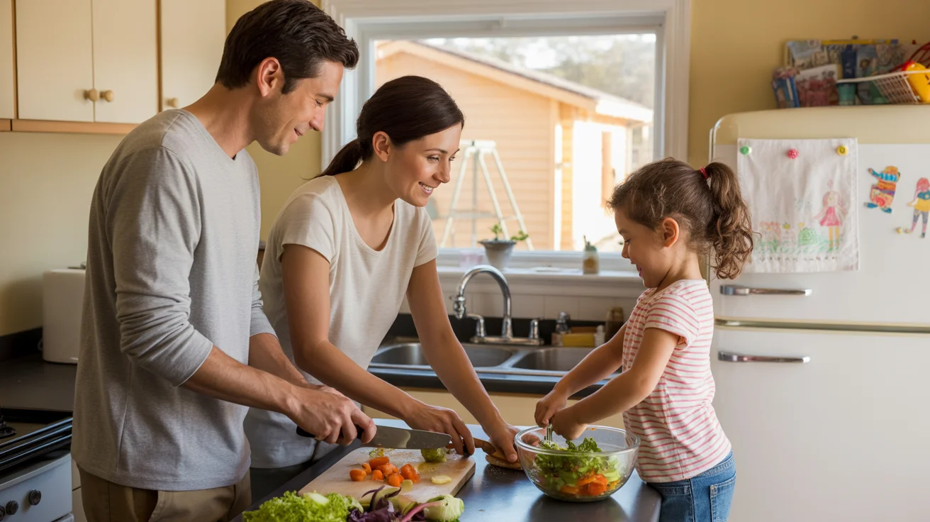 A young family cooks dinner together in their kitchen in Ontario, CA