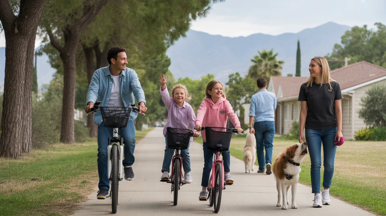 A family enjoys biking on a peaceful trail together in San Bernardino, CA