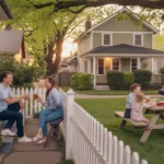 Two families in Lexington, KY chat between a red-brick duplex and a craftsman home with a picket fence.