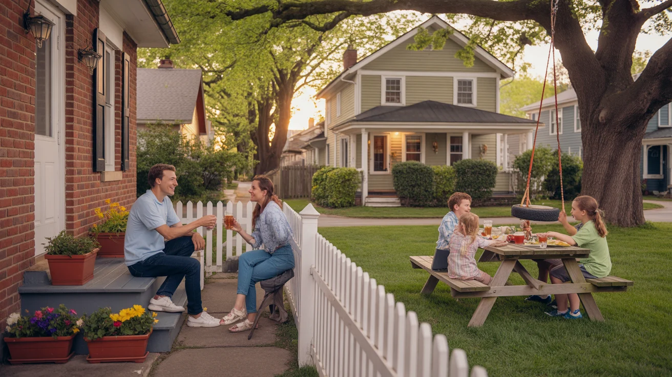 Two families in Lexington, KY chat between a red-brick duplex and a craftsman home with a picket fence.