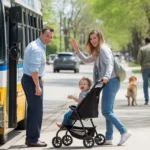 A bus driver waves to a young mother and her son waiting at a stop in a tree-lined residential neighborhood in Joliet, Illinois.