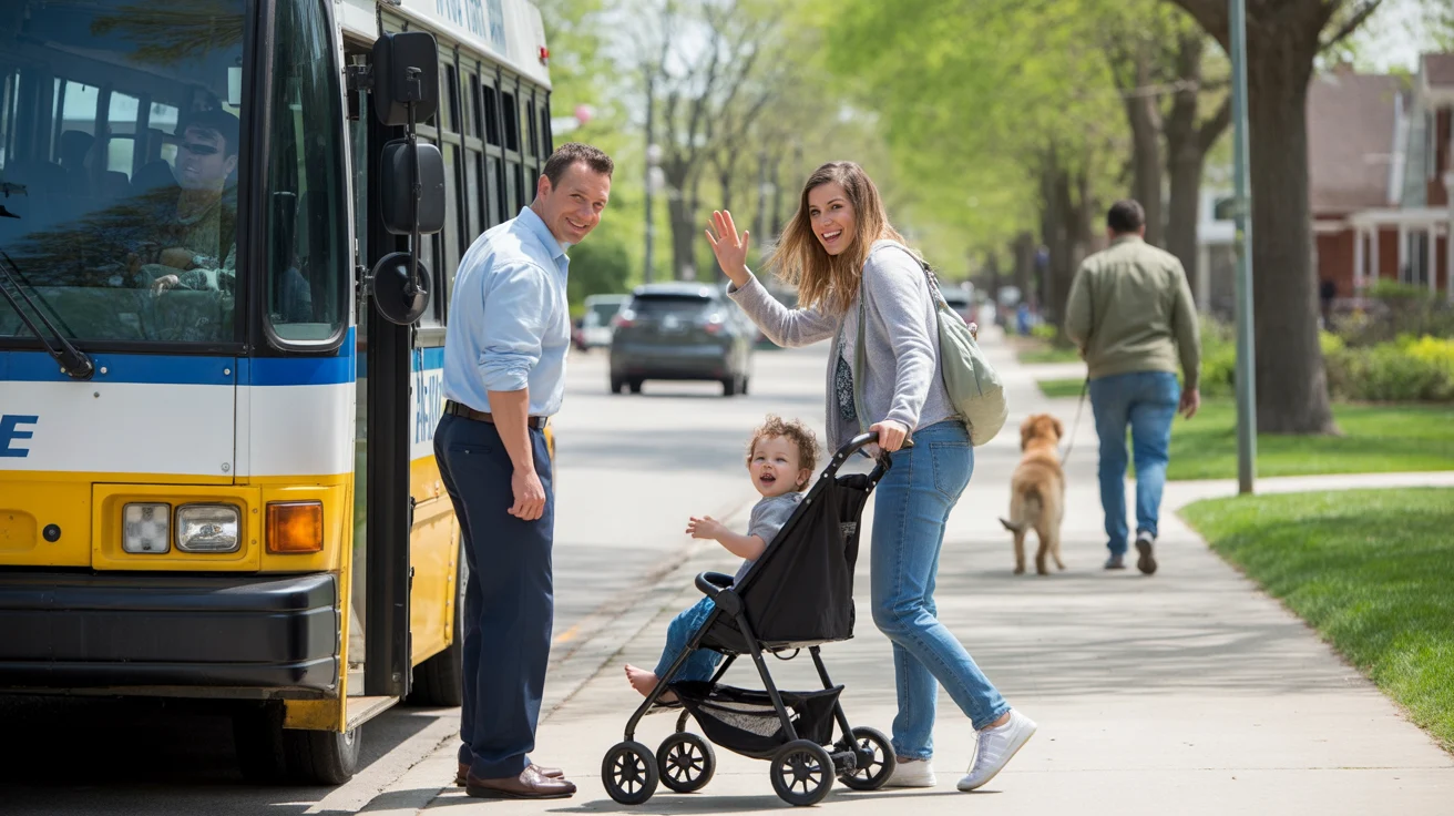 A bus driver waves to a young mother and her son waiting at a stop in a tree-lined residential neighborhood in Joliet, Illinois.