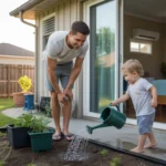 Father and toddler water plants in backyard on early summer morning in The Woodlands, TX