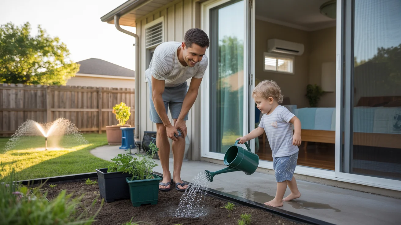 Father and toddler water plants in backyard on early summer morning in The Woodlands, TX