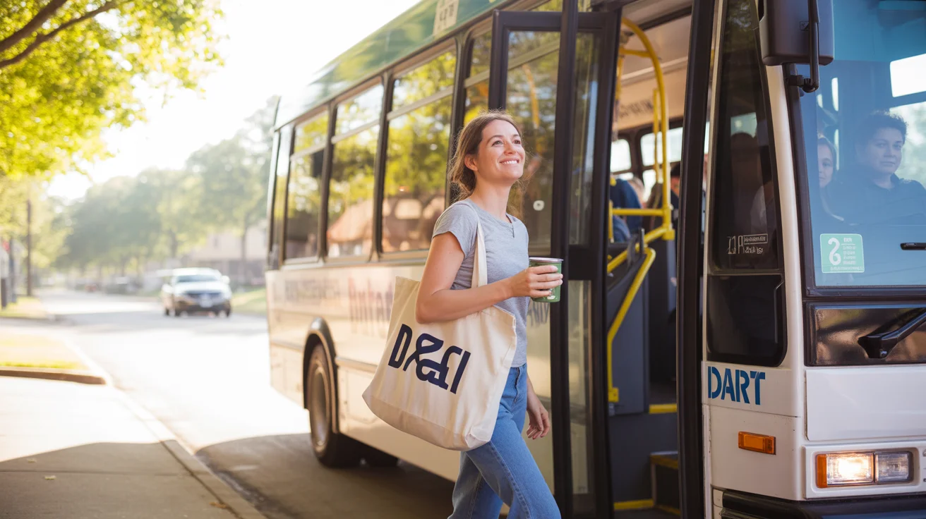 Woman boarding a DART bus in Irving, TX on a quiet morning