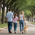 Family walking dog through Mckinney TX neighborhood with unfamiliar architecture