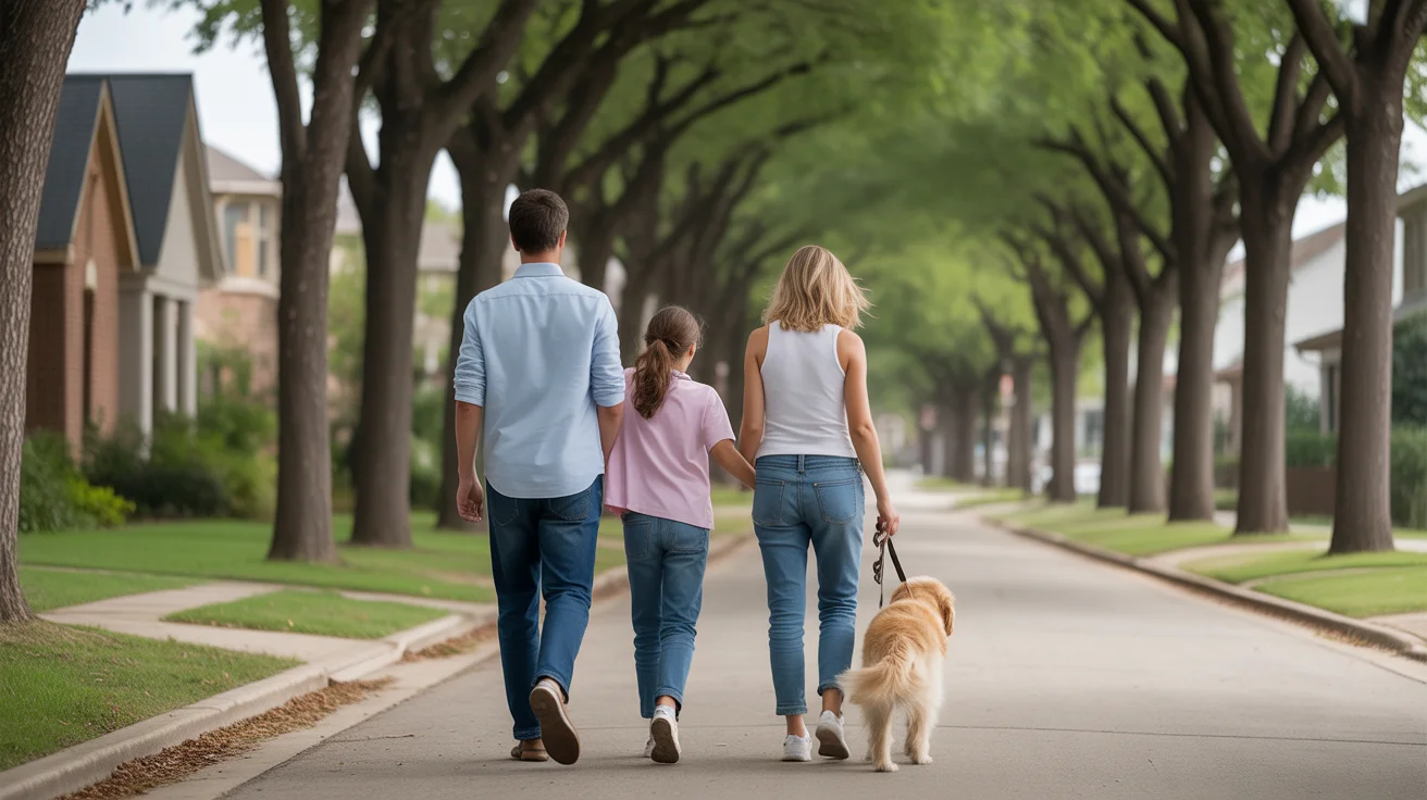 Family walking dog through Mckinney TX neighborhood with unfamiliar architecture
