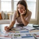 Woman comparing Marietta apartment options with flyers and laptop at kitchen table