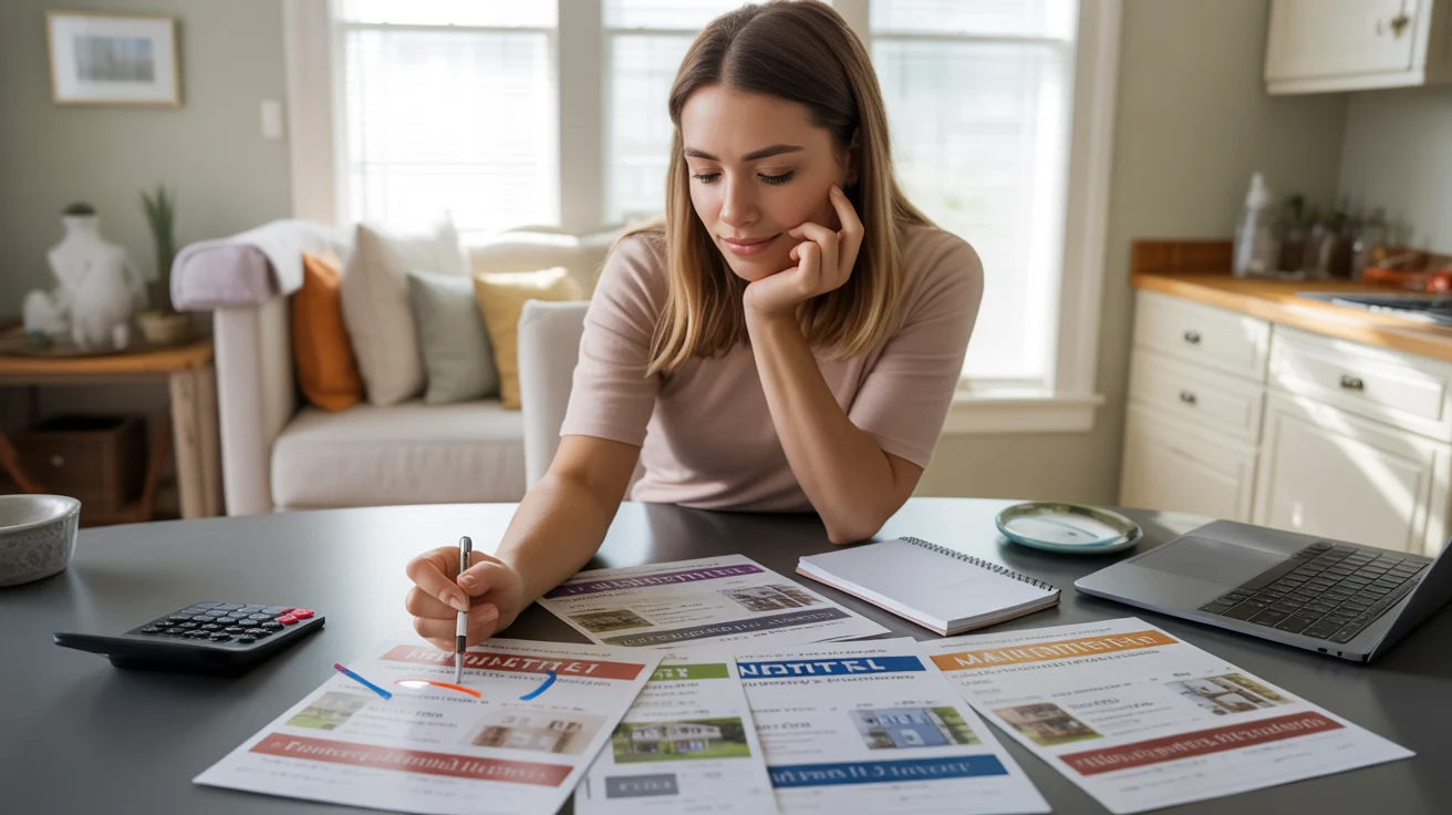 Woman comparing Marietta apartment options with flyers and laptop at kitchen table