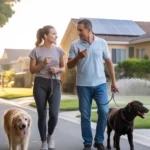 Woman chats with neighbor about saving on utilities while walking dogs in Orange, CA neighborhood
