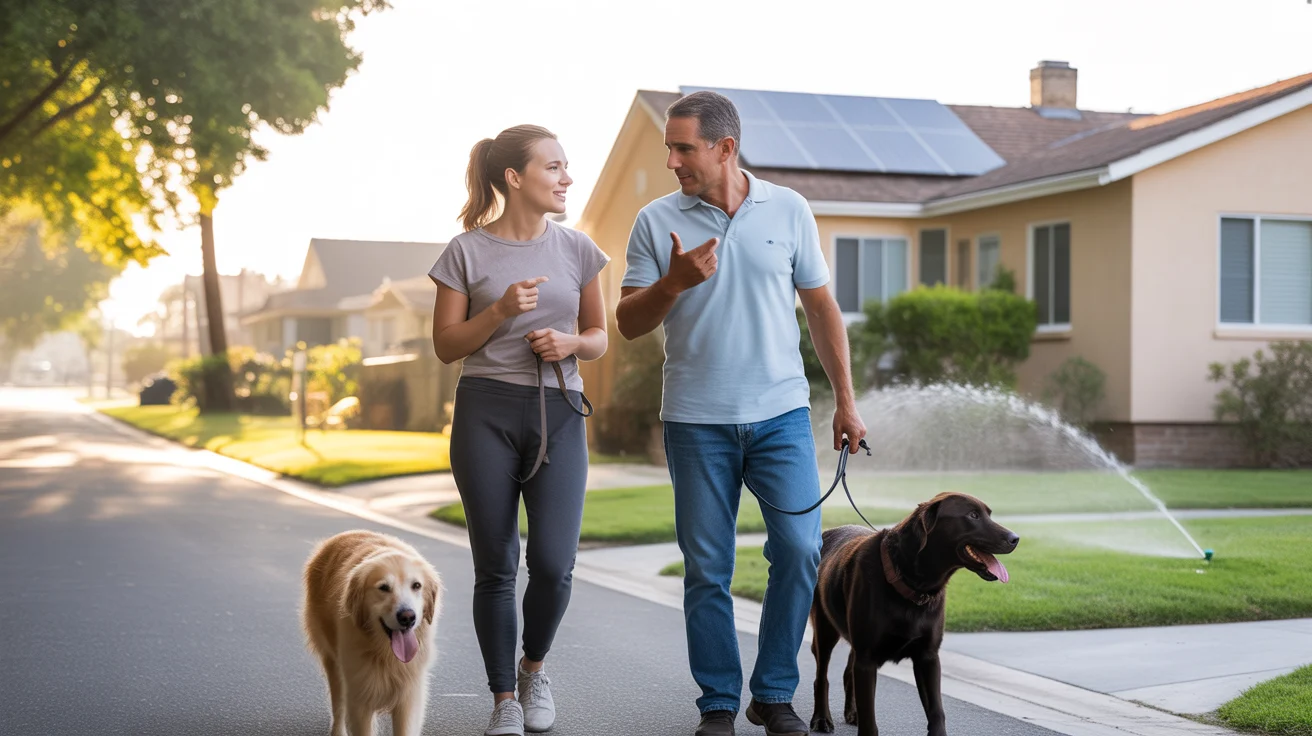 Woman chats with neighbor about saving on utilities while walking dogs in Orange, CA neighborhood