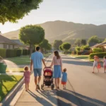 A young family walks along a suburban street in Chino Hills, CA at sunset, exchanging friendly greetings with neighbors.