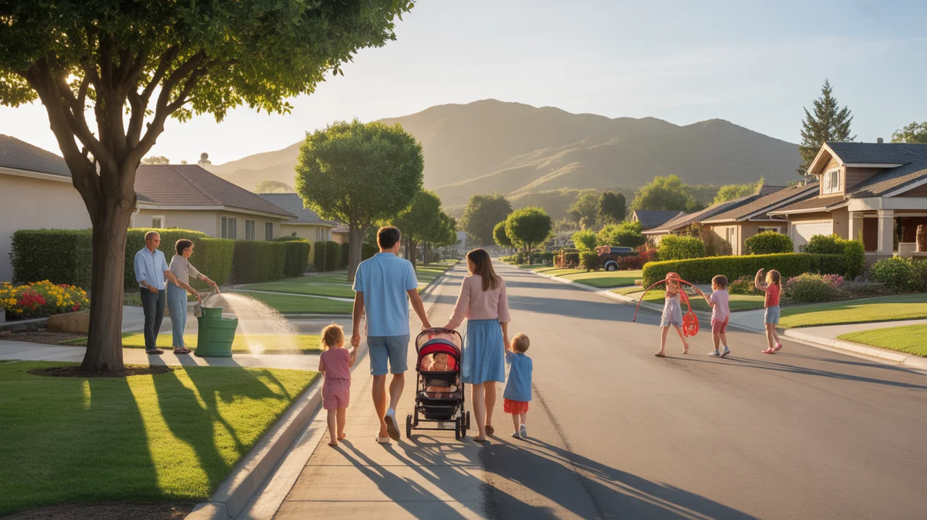 A young family walks along a suburban street in Chino Hills, CA at sunset, exchanging friendly greetings with neighbors.