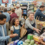 Shoppers in checkout line at neighborhood grocery store in Durham, North Carolina