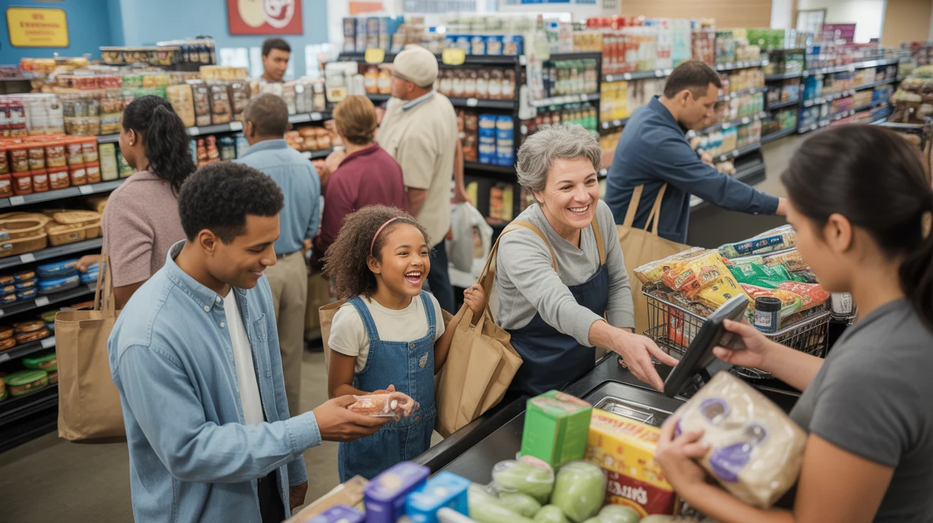 Shoppers in checkout line at neighborhood grocery store in Durham, North Carolina