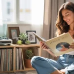 Woman browsing vinyl records next to a record player in a sunlit Las Vegas living room
