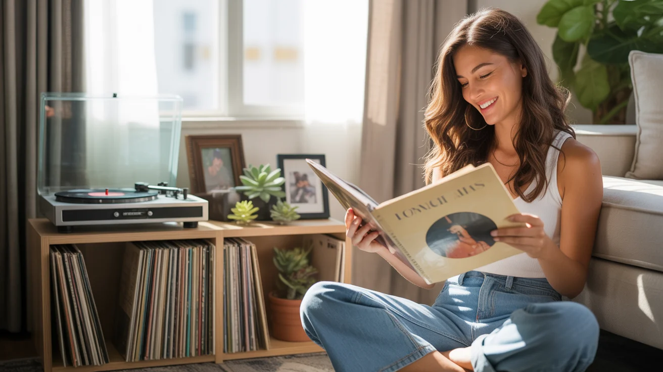 Woman browsing vinyl records next to a record player in a sunlit Las Vegas living room