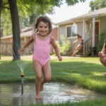 Young girl playing in sprinkler in backyard of suburban home in Joliet, Illinois