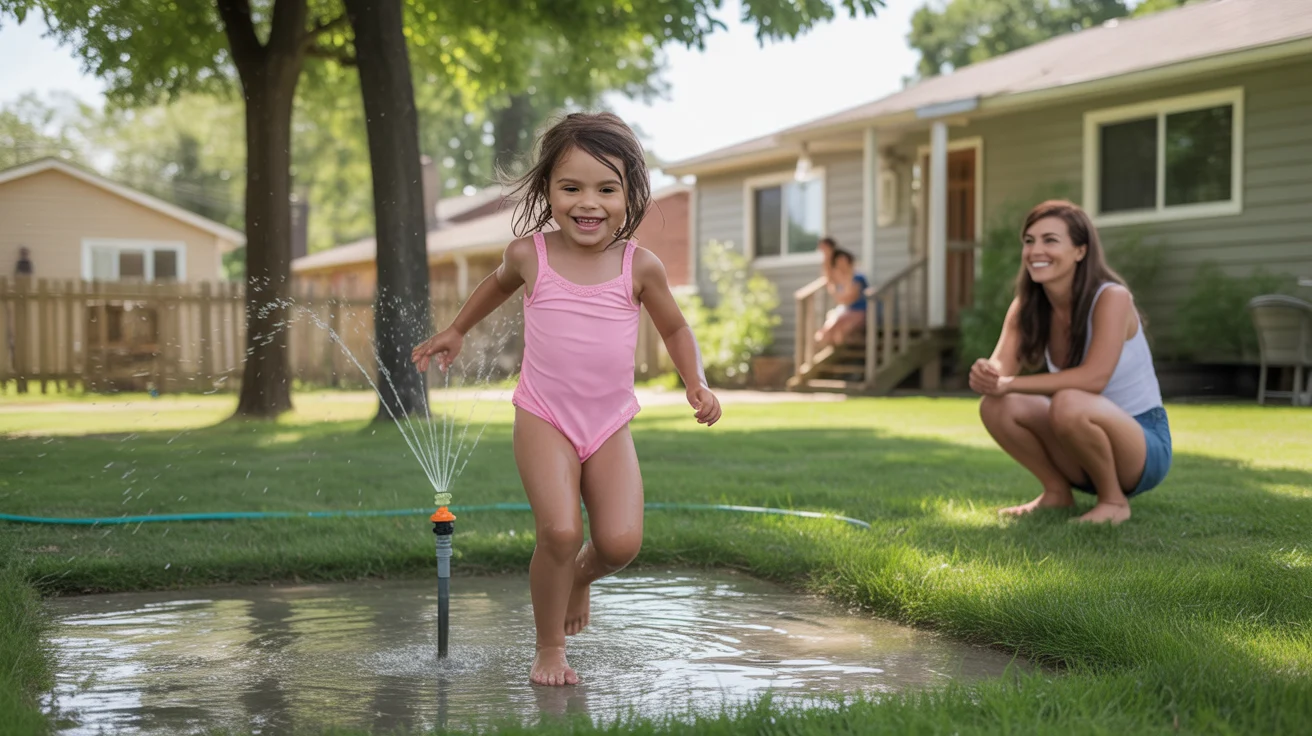 Young girl playing in sprinkler in backyard of suburban home in Joliet, Illinois