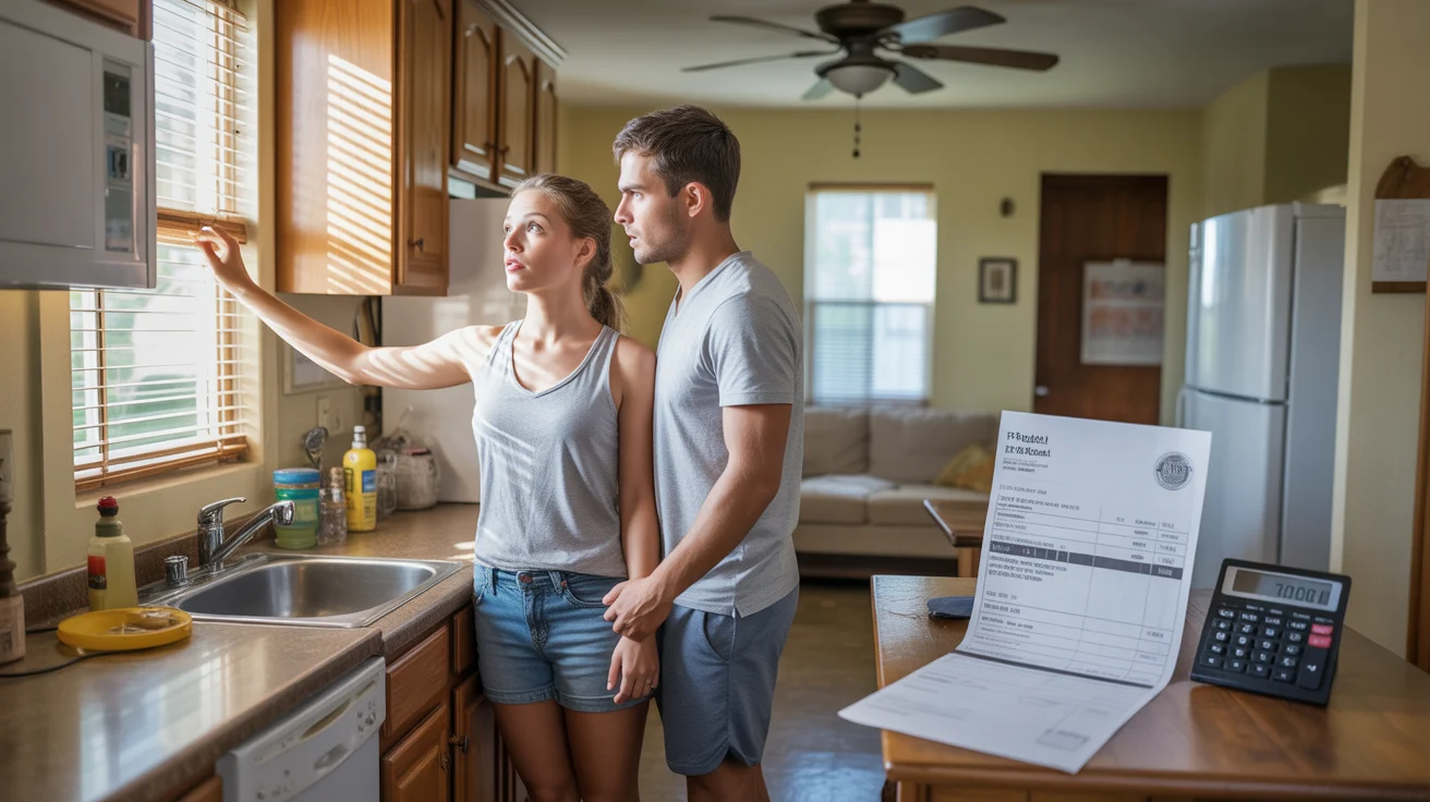 Couple debating whether to turn on air conditioning in their Pflugerville kitchen on a hot summer day