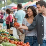 A couple shops for fresh produce at an outdoor farmers market in Kissimmee, FL