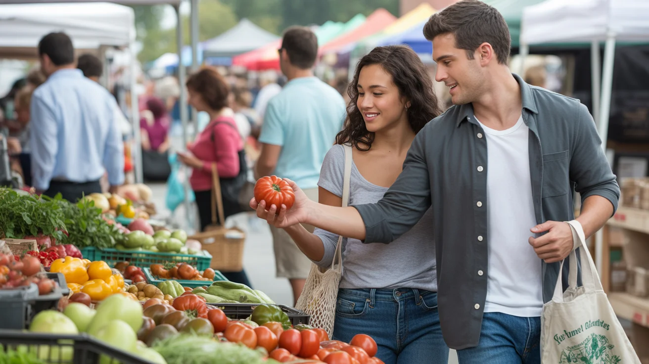 A couple shops for fresh produce at an outdoor farmers market in Kissimmee, FL