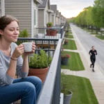 Woman drinking coffee on balcony overlooking peaceful Bolingbrook neighborhood at sunrise