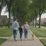 A family walks their dog through a peaceful neighborhood in Bolingbrook, Illinois