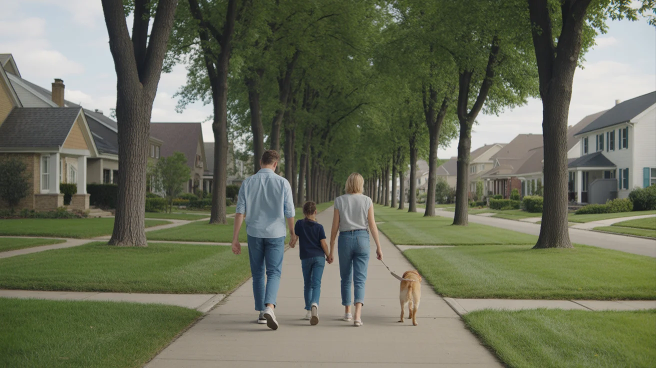 A family walks their dog through a peaceful neighborhood in Bolingbrook, Illinois