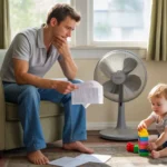 Father reviewing utility bills while toddler plays in Fullerton living room