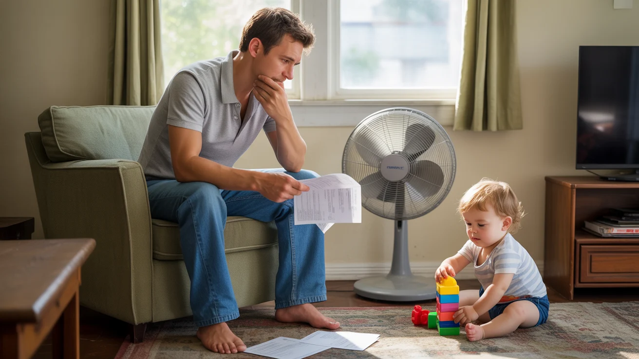 Father reviewing utility bills while toddler plays in Fullerton living room