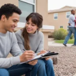 Couple reviews housing costs while sitting outside Sunrise Manor townhome