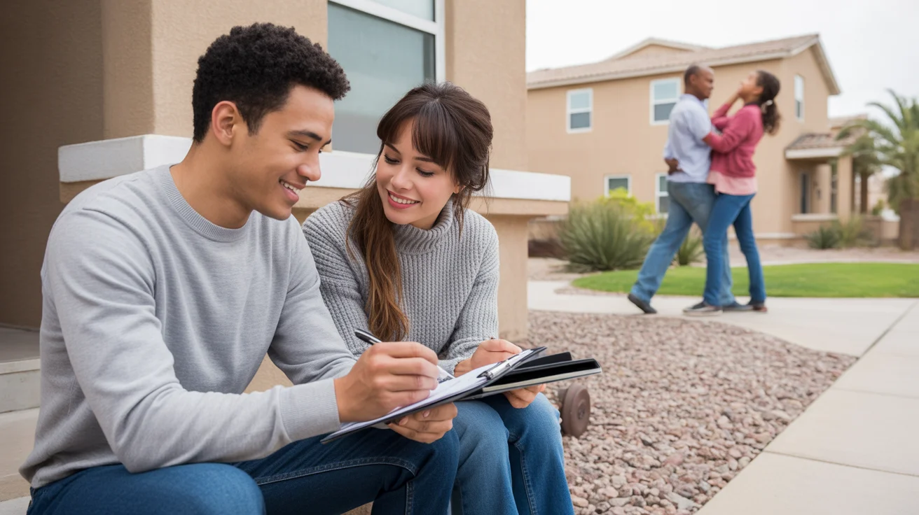 Couple reviews housing costs while sitting outside Sunrise Manor townhome