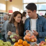 A couple comparing produce prices at a discount grocery store in Commerce City, Colorado