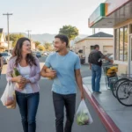 Two friends leaving a grocery store in Fontana, CA, discussing dinner plans on a warm evening.